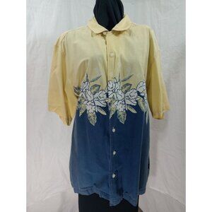 OP men Yellow & Blue Floral Button-Up Shirt Large 100% Cotton Short-Sleeve Made